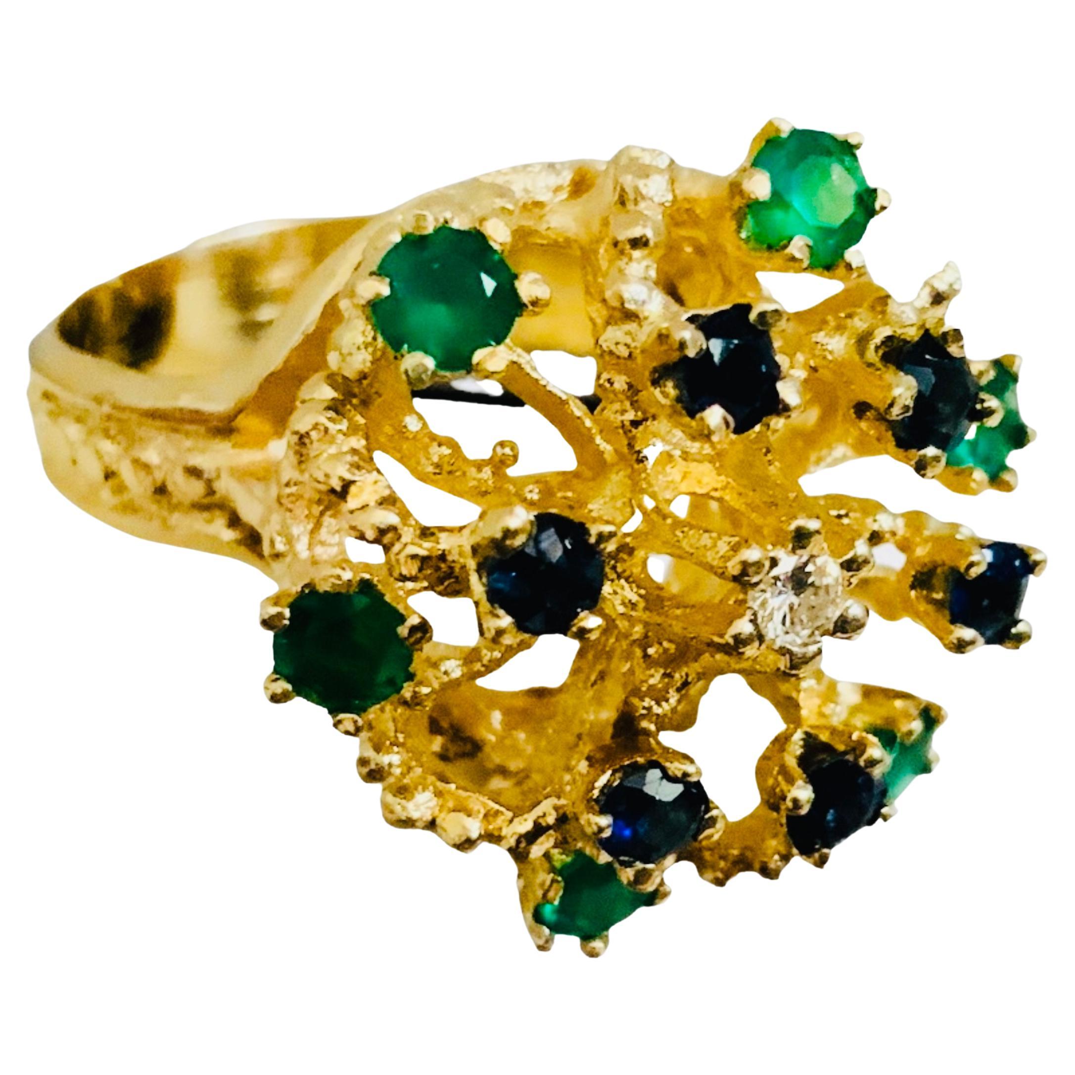14k Yellow Gold Diamond, Emeralds And Sapphires Cocktail Ring