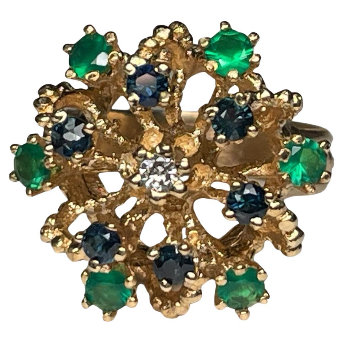 14k Gelbgold Cocktail-Ring mit Diamanten, Smaragden und Saphiren