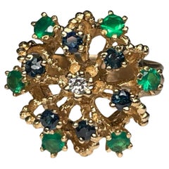 14k Gelbgold Cocktail-Ring mit Diamanten, Smaragden und Saphiren