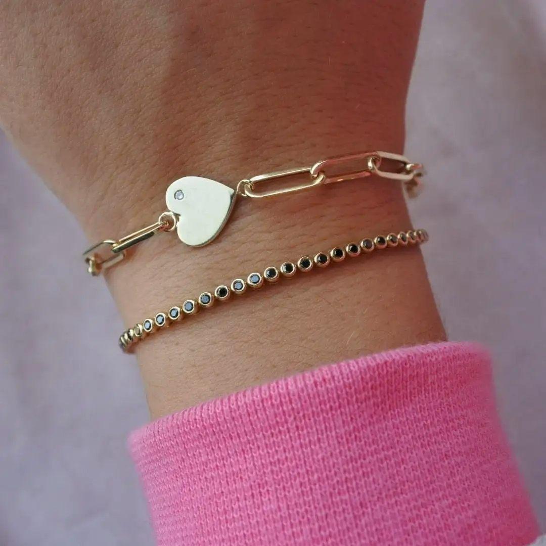 Women's 14K Yellow Gold Diamond Engraved Heart Charm Cable Chain Bracelet, Shlomit Rogel For Sale