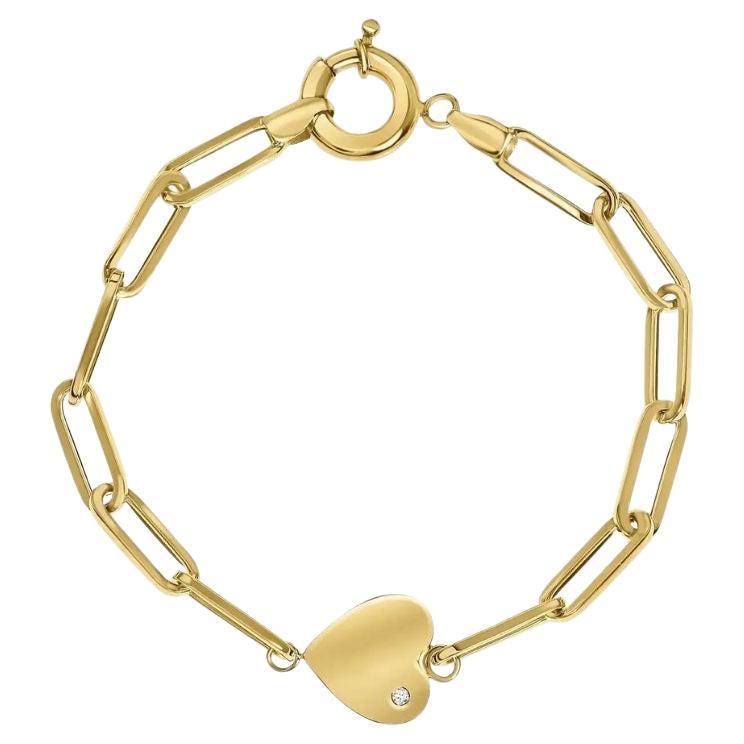 14K Yellow Gold Diamond Engraved Heart Charm Cable Chain Bracelet, Shlomit Rogel