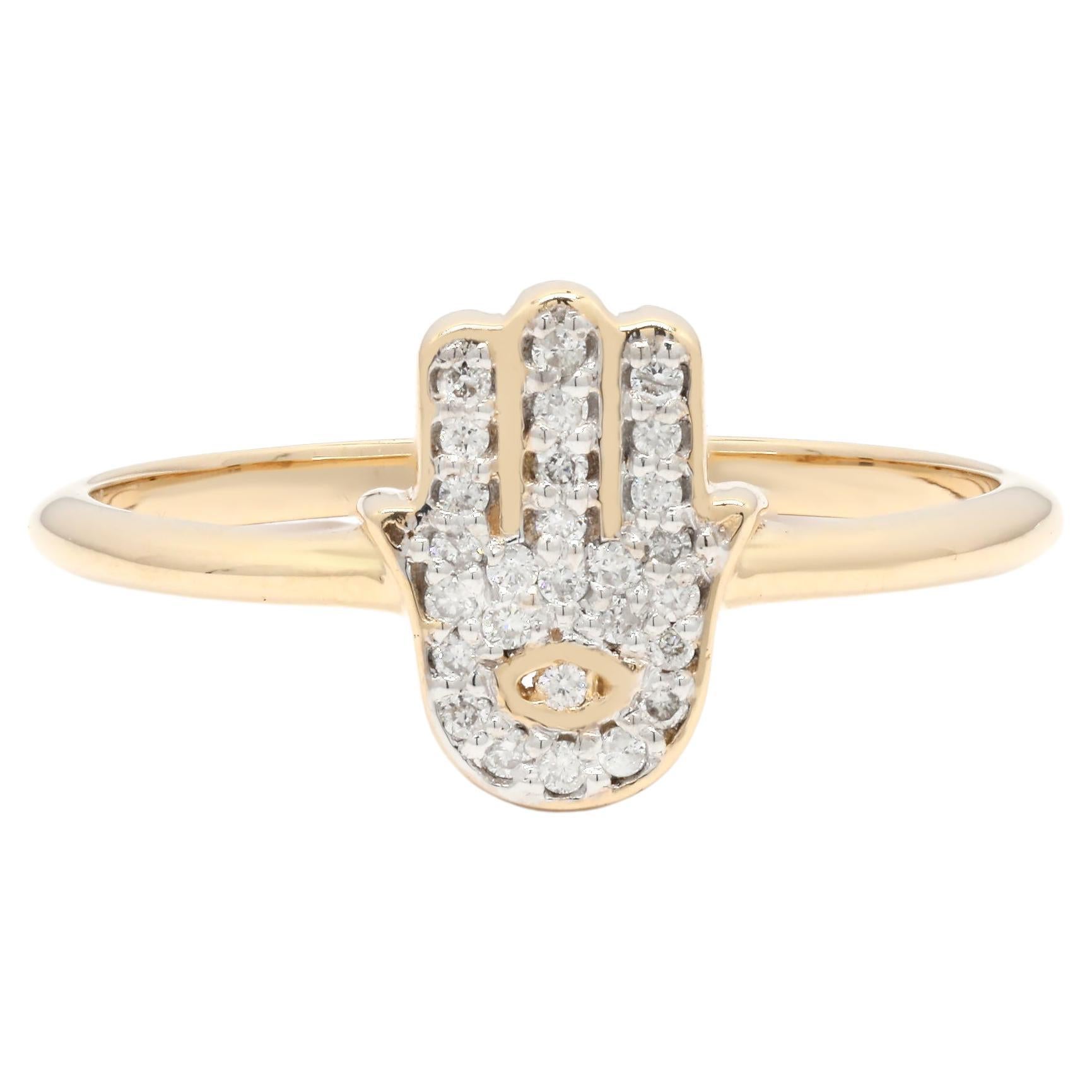 Stacking Hamsa Hand Diamond Ring in 14K Yellow Gold with an Evil Eye