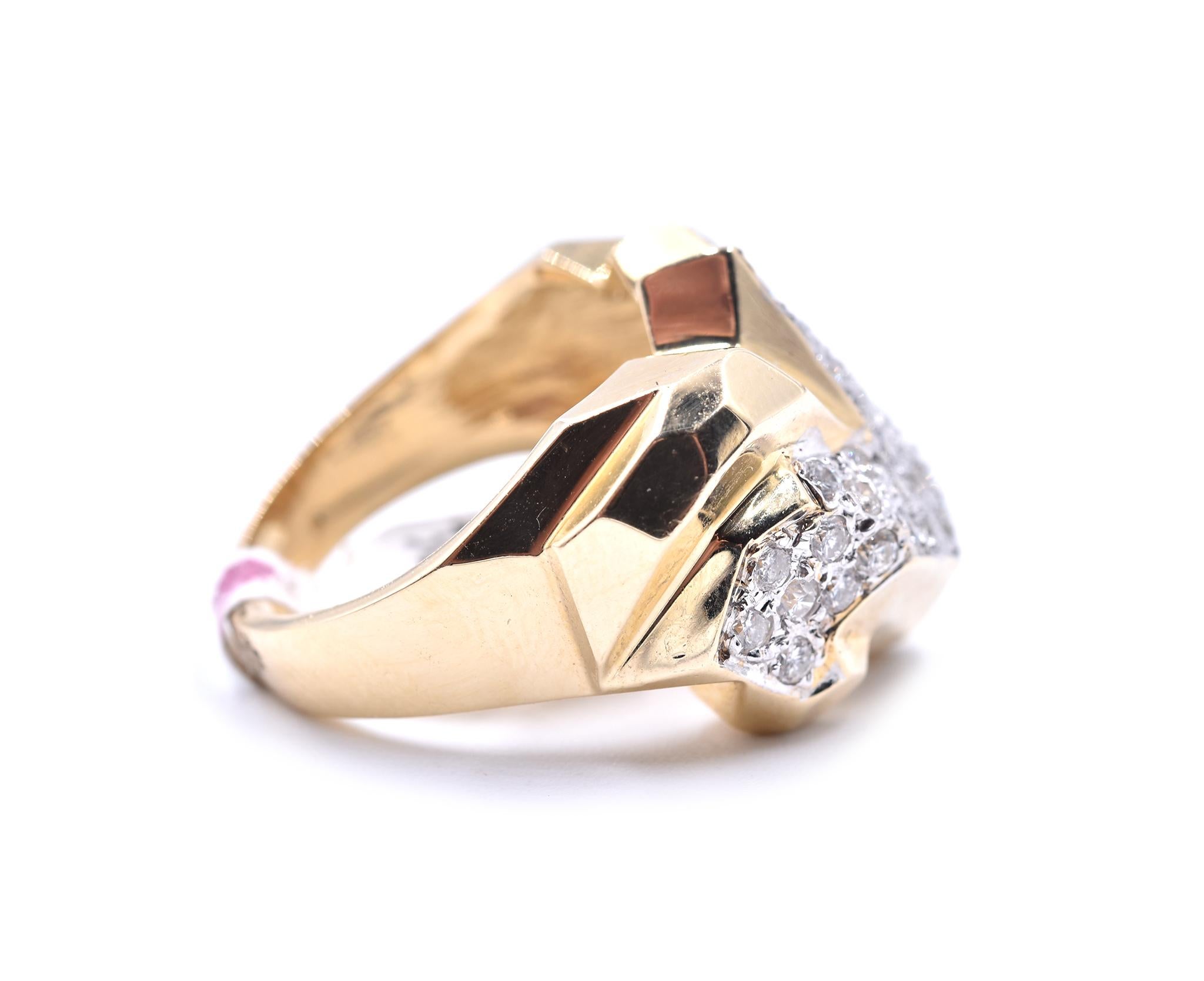 Designer: custom design
Material: 14k yellow gold
Diamonds: 36 round brilliant cut= 0.70cttw
Color: G
Clarity: VS
Ring size: 7 ¼ (please allow two additional shipping days for sizing requests)
Dimensions: ring is 18.61mm by 21.10mm 
Weight: 11.44