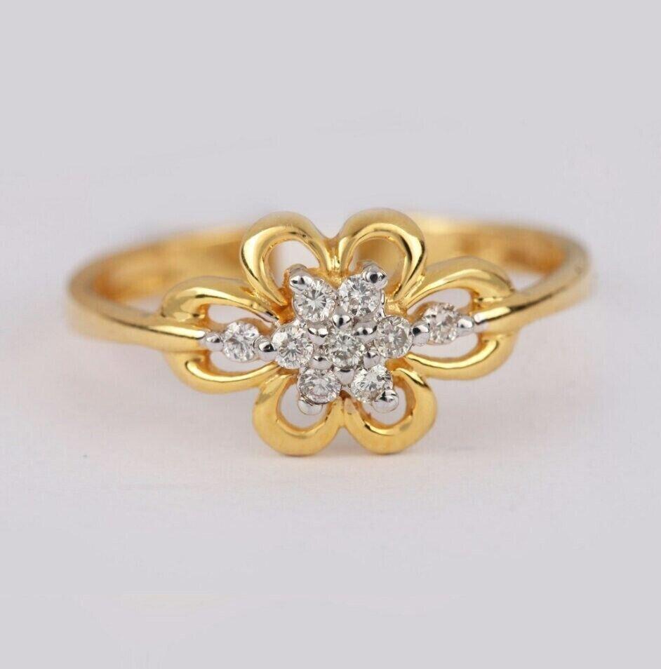Round Cut 14K Yellow Gold Diamond Floral Statement Ring Handmade Wedding Fine Jewelry For Sale