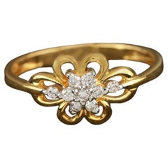 14K Gelbgold Diamant-Blumen-Statement-Ring Handgefertigter Hochzeitsschmuck