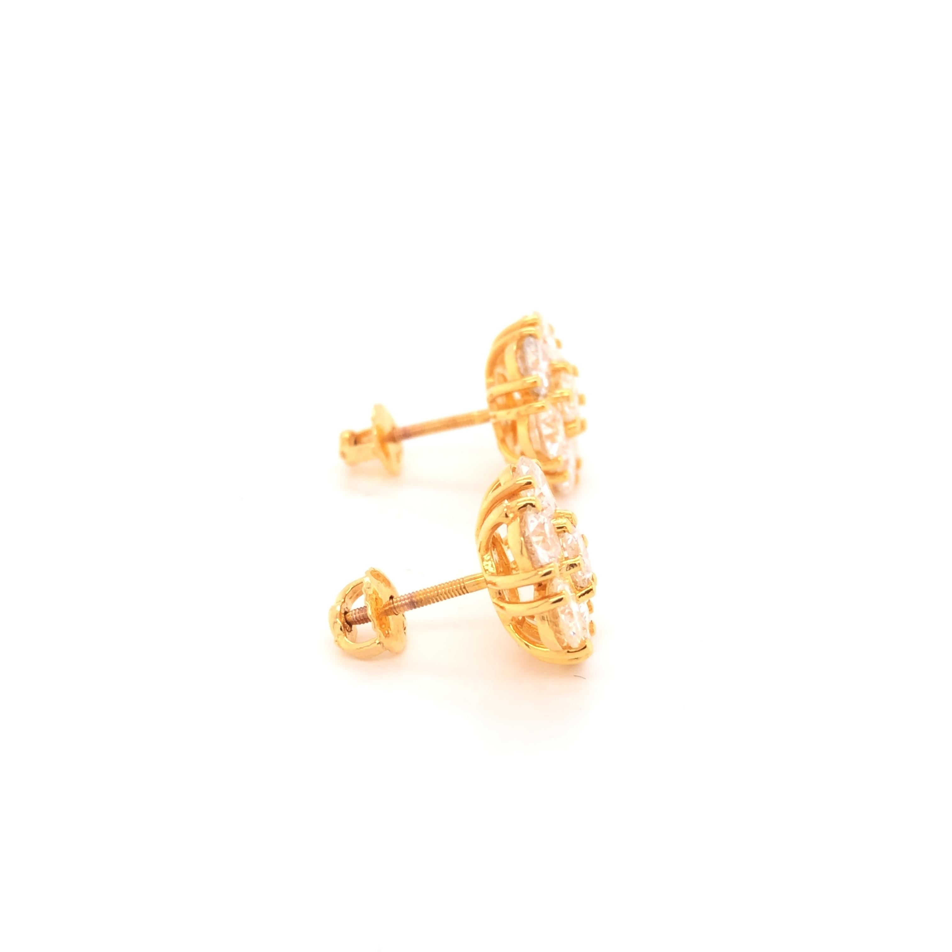Round Cut 14 Karat Yellow Gold Diamond Floral Stud Earrings For Sale