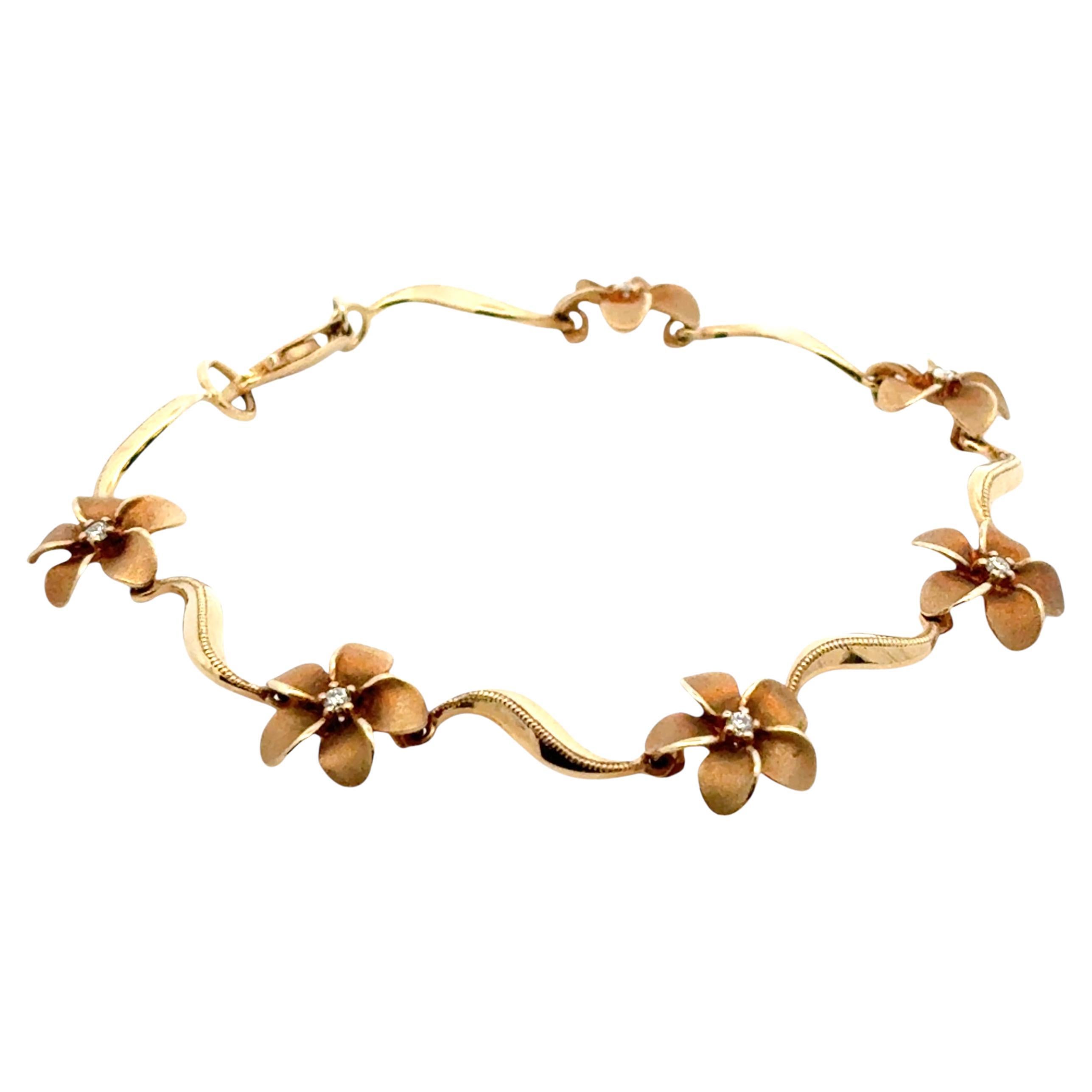 14k Yellow Gold Diamond Flower Bracelet For Sale