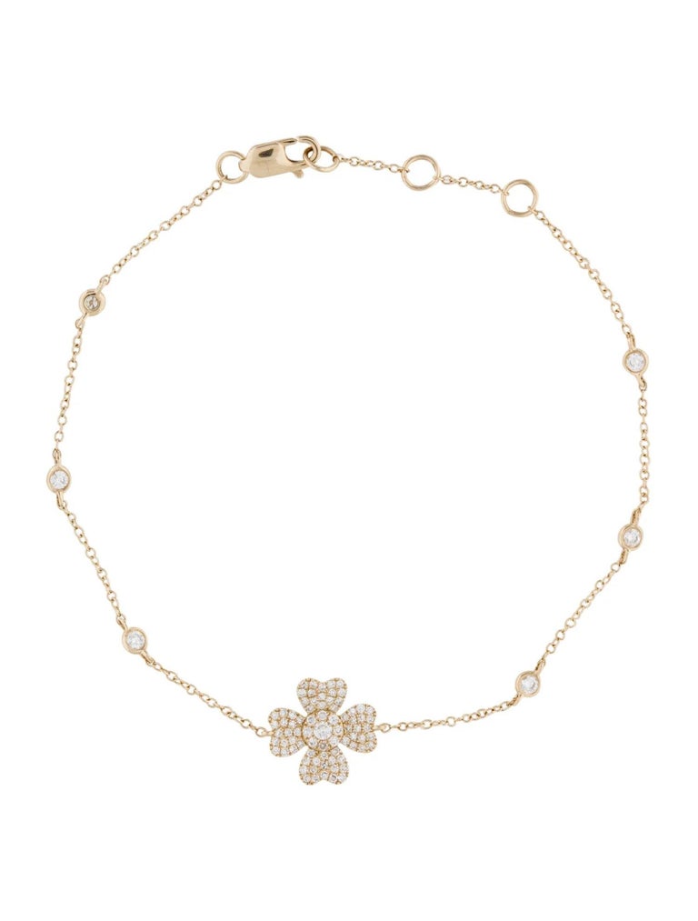 14K Yellow Gold Diamond Flower Chain Bracelet For Sale at 1stDibs