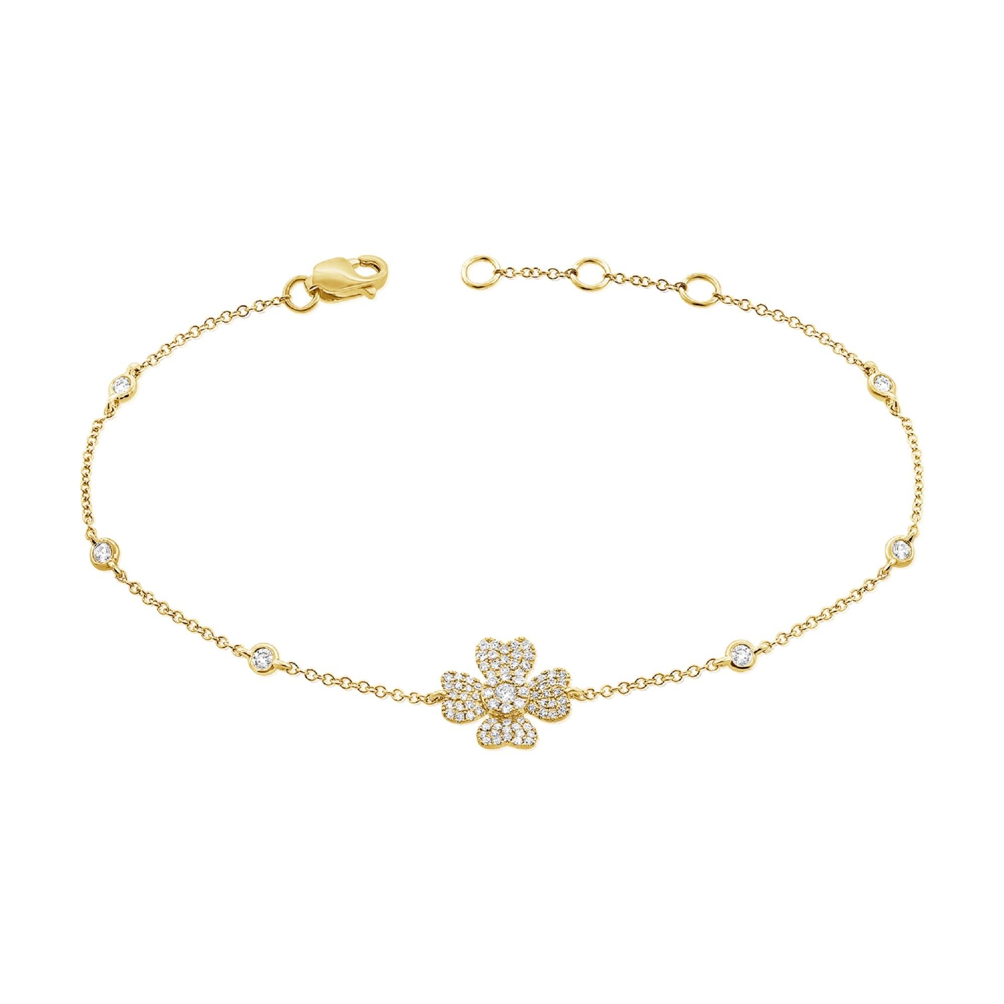 Baguette Cut 14K Yellow Gold Diamond Flower Chain Bracelet For Sale