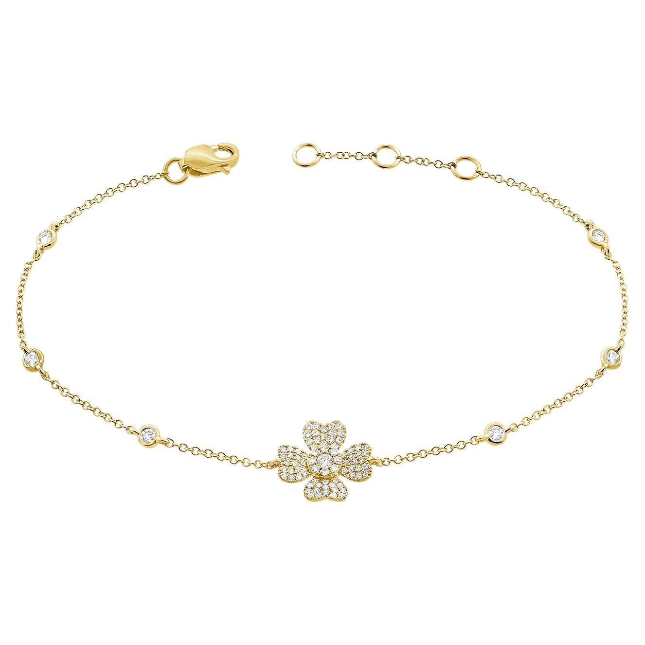 14K Yellow Gold Diamond Flower Chain Bracelet For Sale