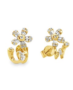 14K Yellow Gold Diamond Flower Earrings with Posts and Pushbacks