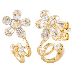 14K Yellow Gold Diamond Flower Earrings with Posts and Pushbacks