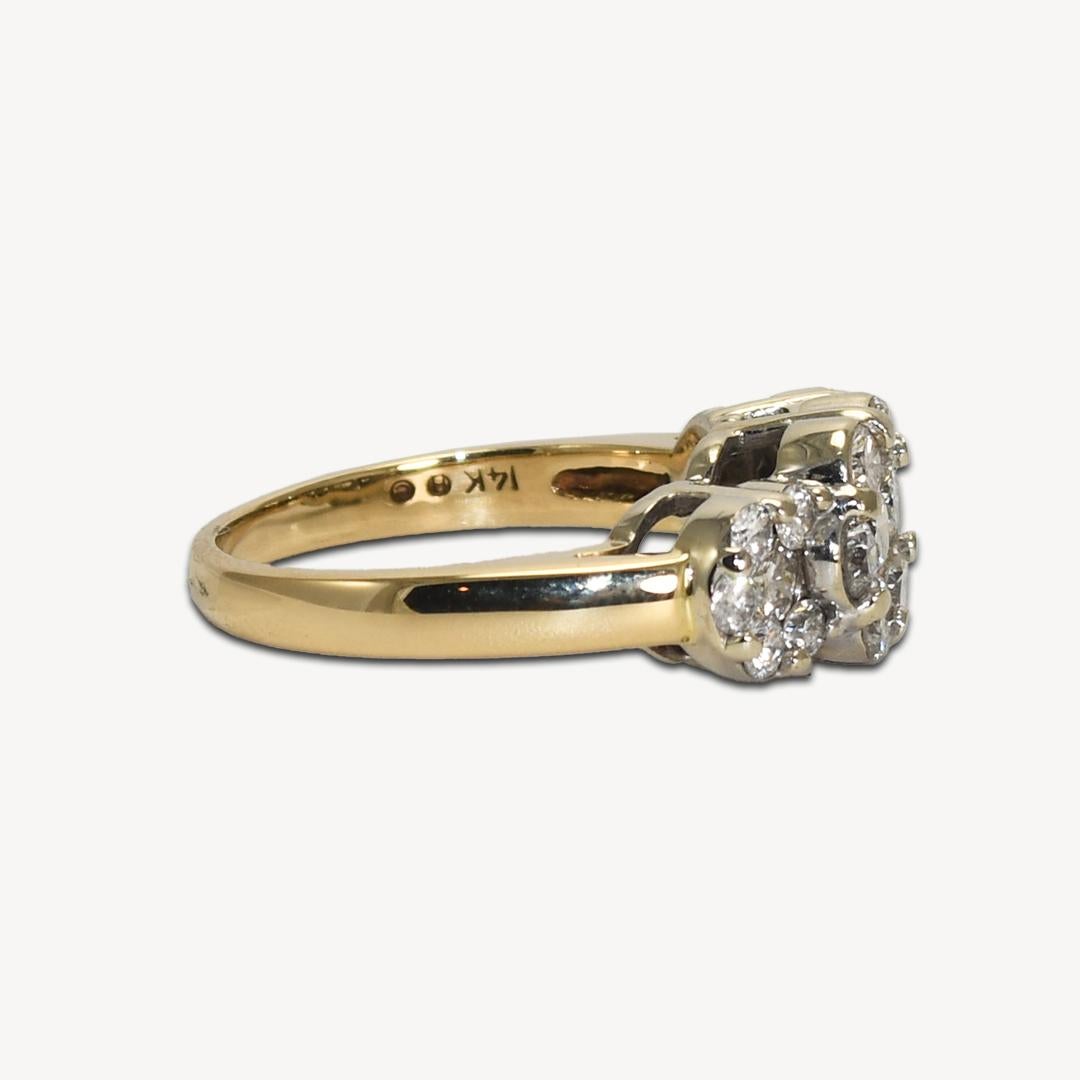 Round Cut 14K Yellow Gold Diamond Flower Ring 1.00ct For Sale