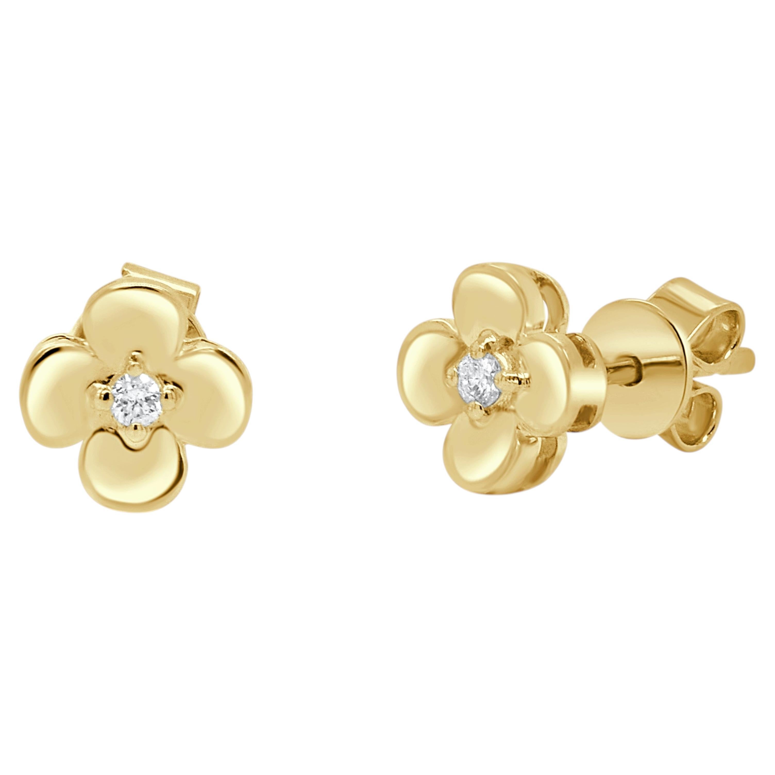 14K Yellow Gold Diamond Flower Stud Earrings