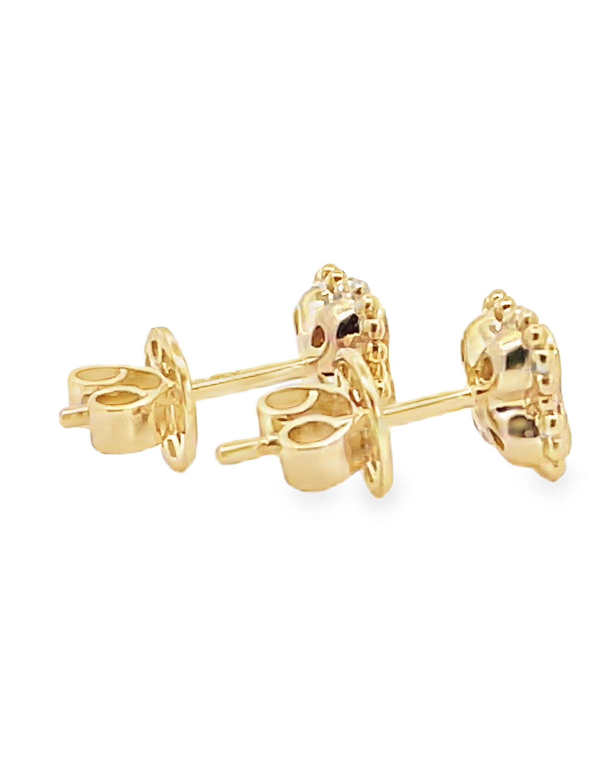Contemporary 14K Yellow Gold Diamond Four Leaf Quatrefoil Stud Earrings with Pushbacks For Sale