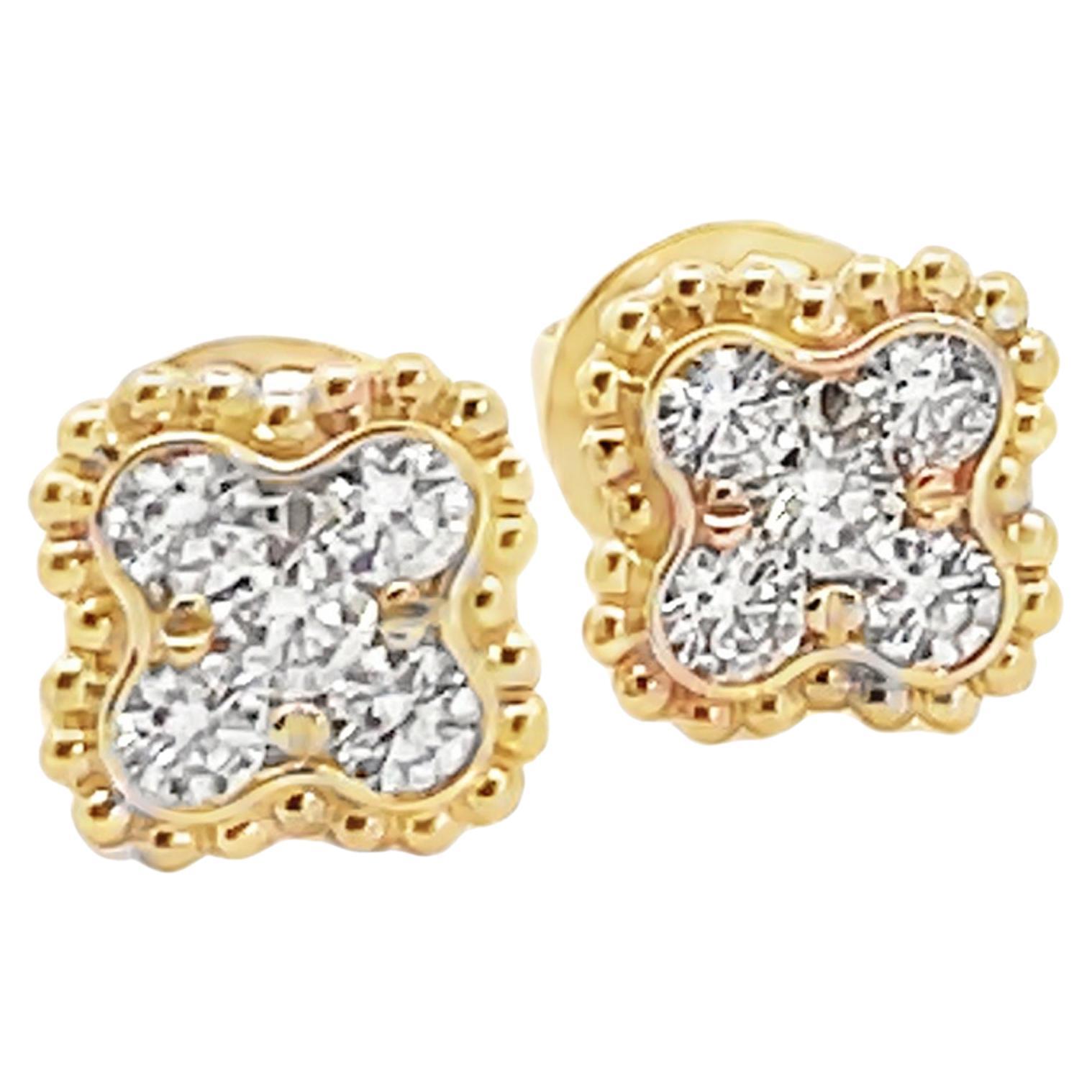 14K Yellow Gold Diamond Four Leaf Quatrefoil Stud Earrings with Pushbacks