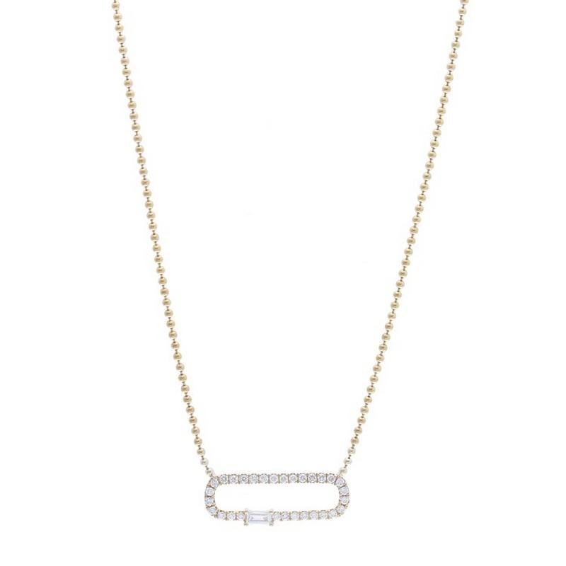 Diamond Total Carat Weight: This exceptional Gazebo necklace features a total carat weight of 0.28 carats, showcasing 30 exquisite round diamonds and 1 baguette diamonds, creating a resplendent and opulent piece of jewelry.

Gold Setting: Crafted