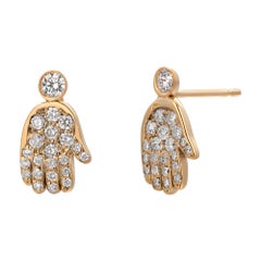 14K Yellow Gold Diamond Hamsa Hand Stud  Earrings, 0.45 Carats