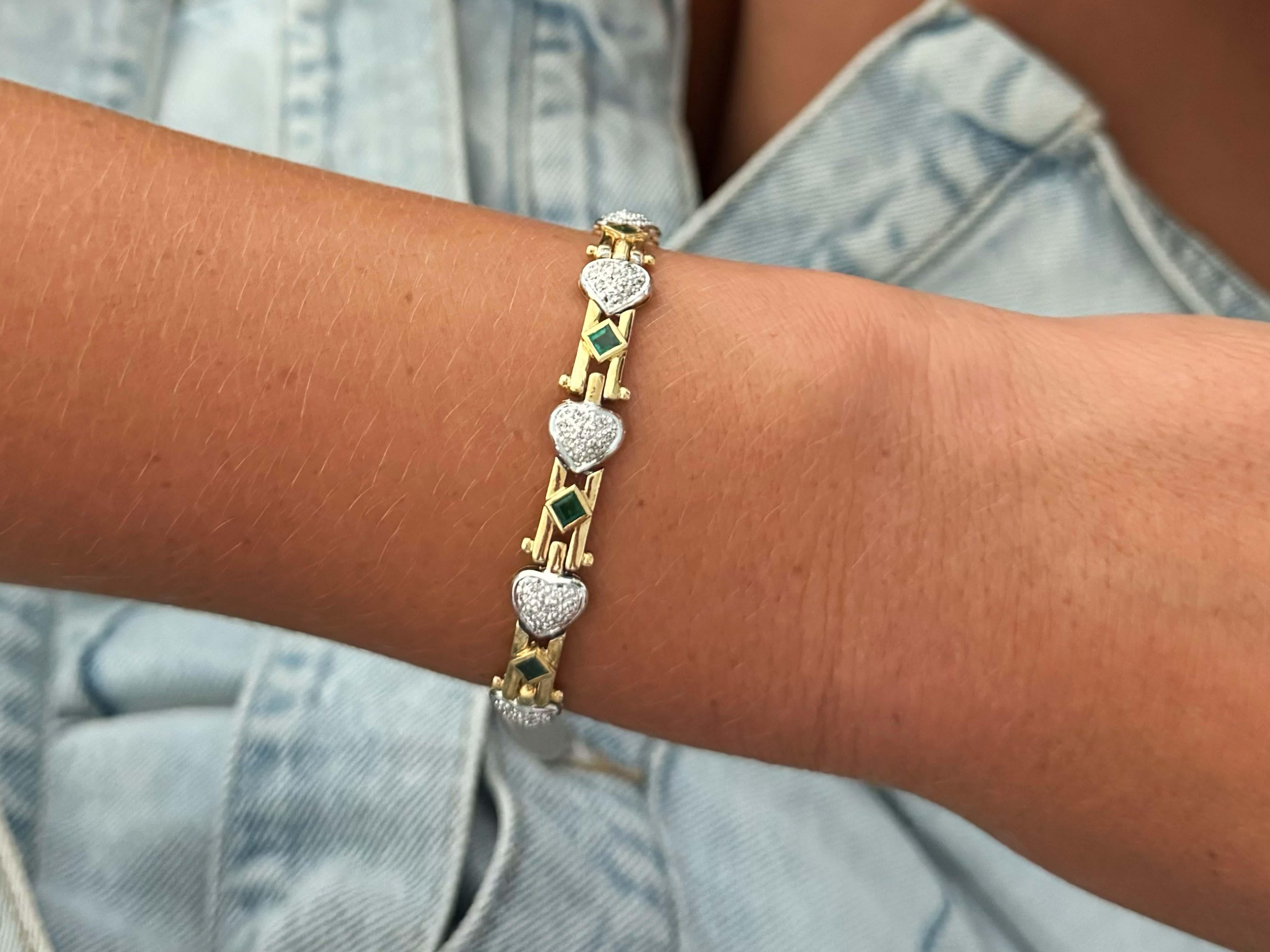 Bracelet Specifications:

Metal: 14k Yellow and White Gold

Emerald Count: 10 square emeralds

Emerald Carat Weight: ~1.20 carats

Diamond Count: 80 brilliant cut

Diamond Carat Weight: ~ 0.40 carats

Diamond Color: H-I

Diamond Clarity: