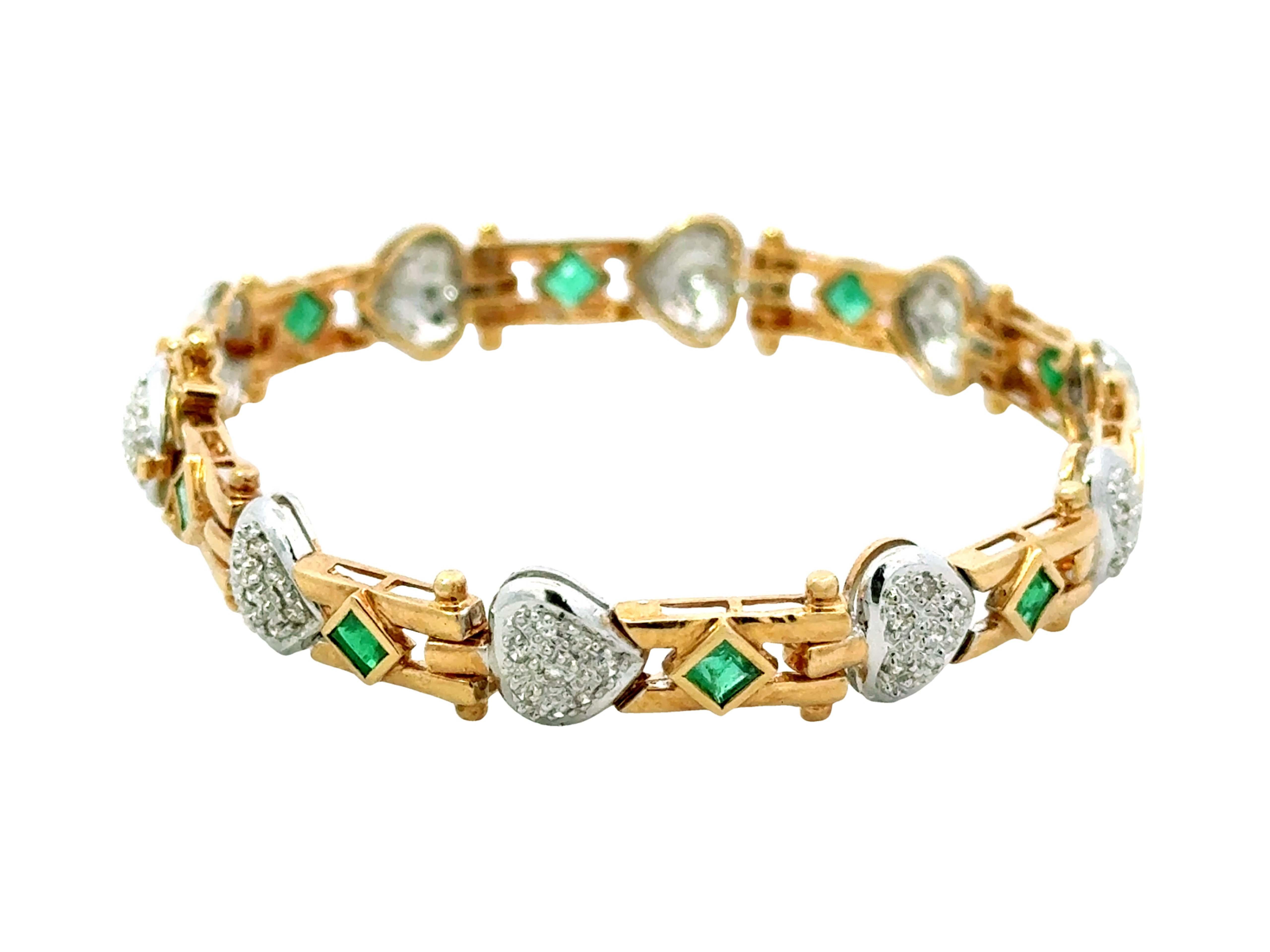 Modern 14k Yellow Gold Diamond Heart and Emerald Link Bracelet For Sale