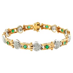 Vintage 14k Yellow Gold Diamond Heart and Emerald Link Bracelet