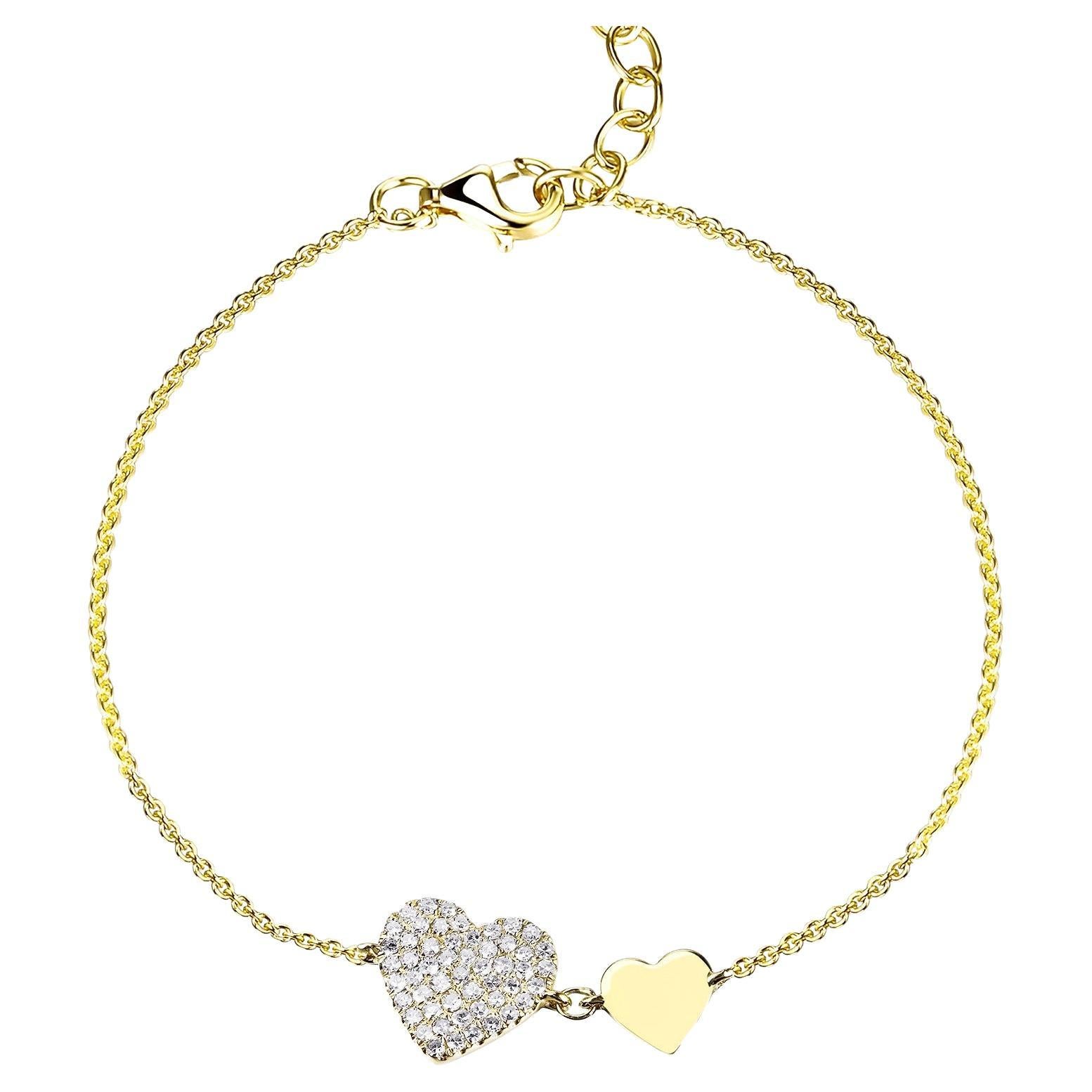 14K Yellow Gold Diamond Heart Chain Bracelet for Her For Sale