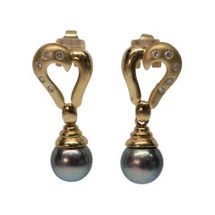 14K Yellow Gold Diamond Heart Pearl Drop Earrings