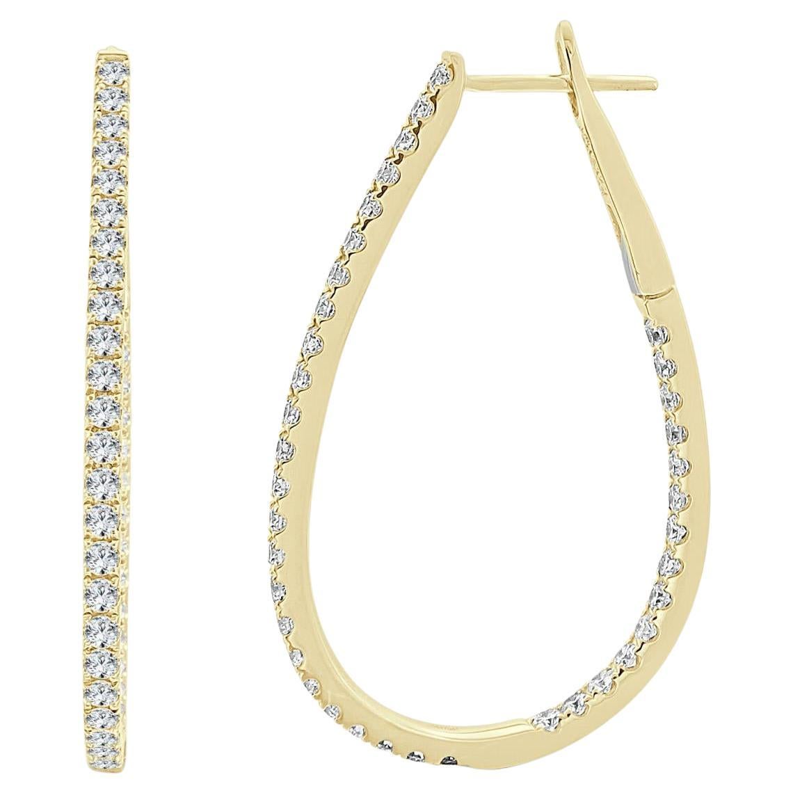 14k Yellow Gold Diamond Hoop Earrings 0.90 CT TDW Pear-Shaped For Sale