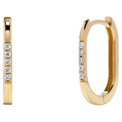 14K Yellow Gold Diamond Hoops Square Oval Shape Huggies Style 1/2inch