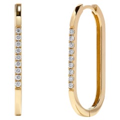 14K Yellow Gold Diamond Hoops Square Oval Shape Huggies Style 1 inch