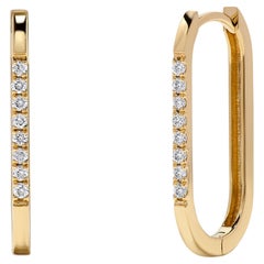 14K Yellow Gold Diamond Hoops Square Oval Shape Huggies Style 3/4 inch