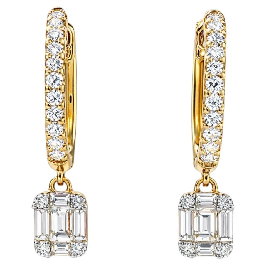 14K Yellow Gold Diamond Hoops With Dangle Accent
