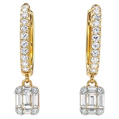 14K Yellow Gold Diamond Hoops With Dangle Accent