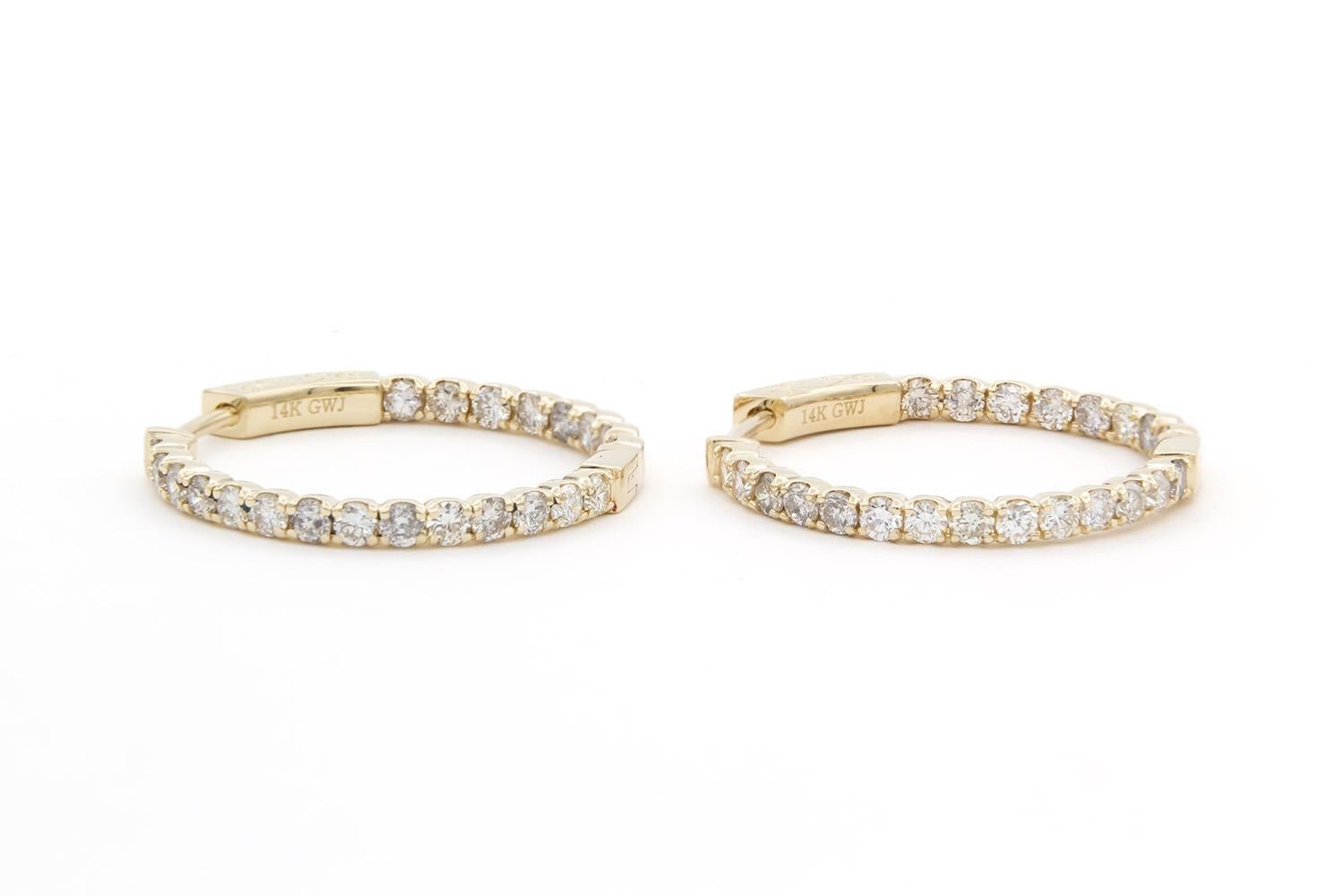 Contemporary 14k Yellow Gold & Diamond Inside-Outside 1 Inch Hoop Earrings 1.54ctw G-H/VS-SI