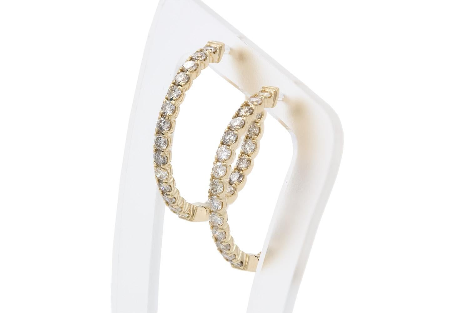 Women's 14k Yellow Gold & Diamond Inside-Outside 1 Inch Hoop Earrings 1.54ctw G-H/VS-SI