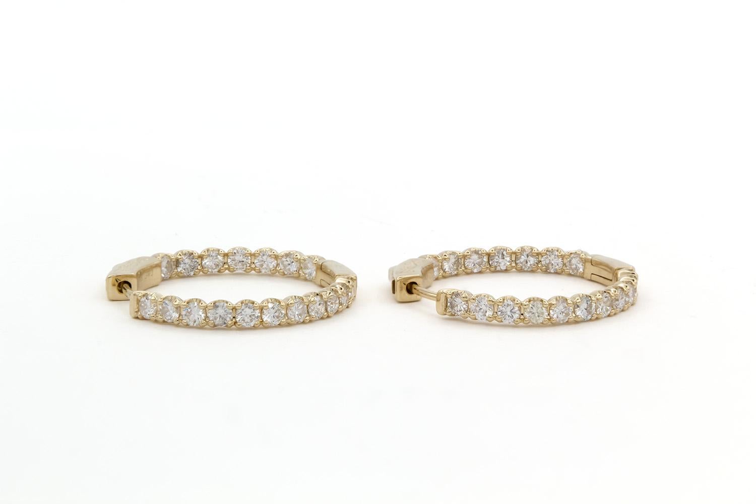 Contemporary 14k Yellow Gold & Diamond Inside-Outside Hoop Earrings 2.00ctw H-I/VS-SI