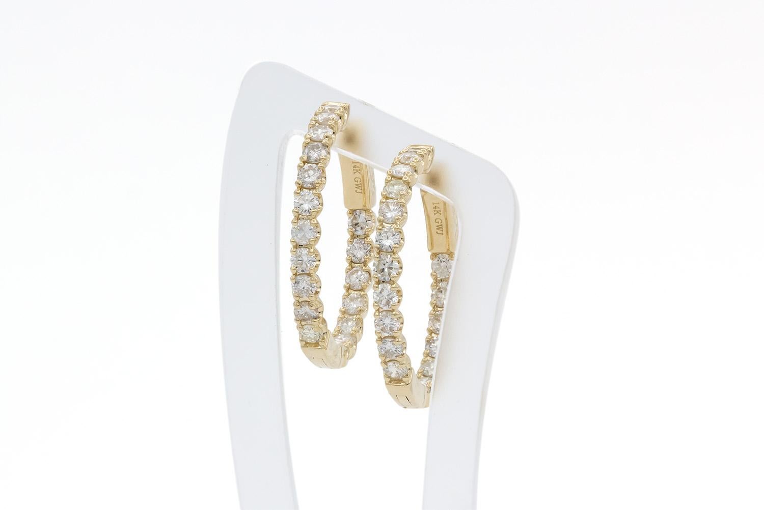 Women's 14k Yellow Gold & Diamond Inside-Outside Hoop Earrings 2.00ctw H-I/VS-SI