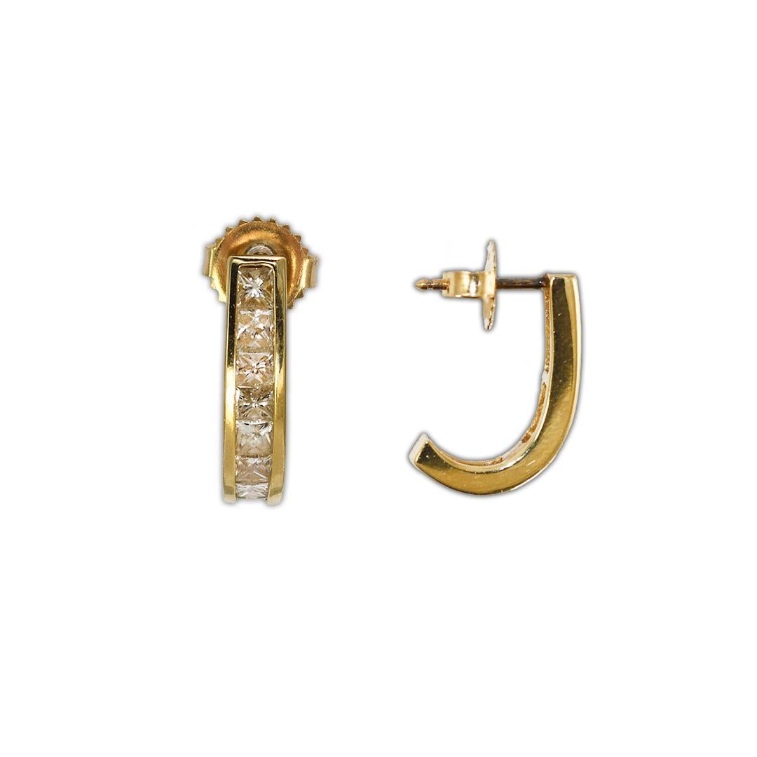 14K Yellow Gold Diamond J Curve Earrings 1.50 ct For Sale