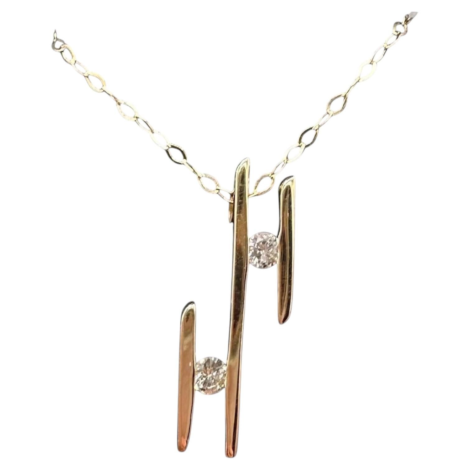 14K Yellow Gold Diamond Ladder Necklace 0.14ct 18 Inch For Sale
