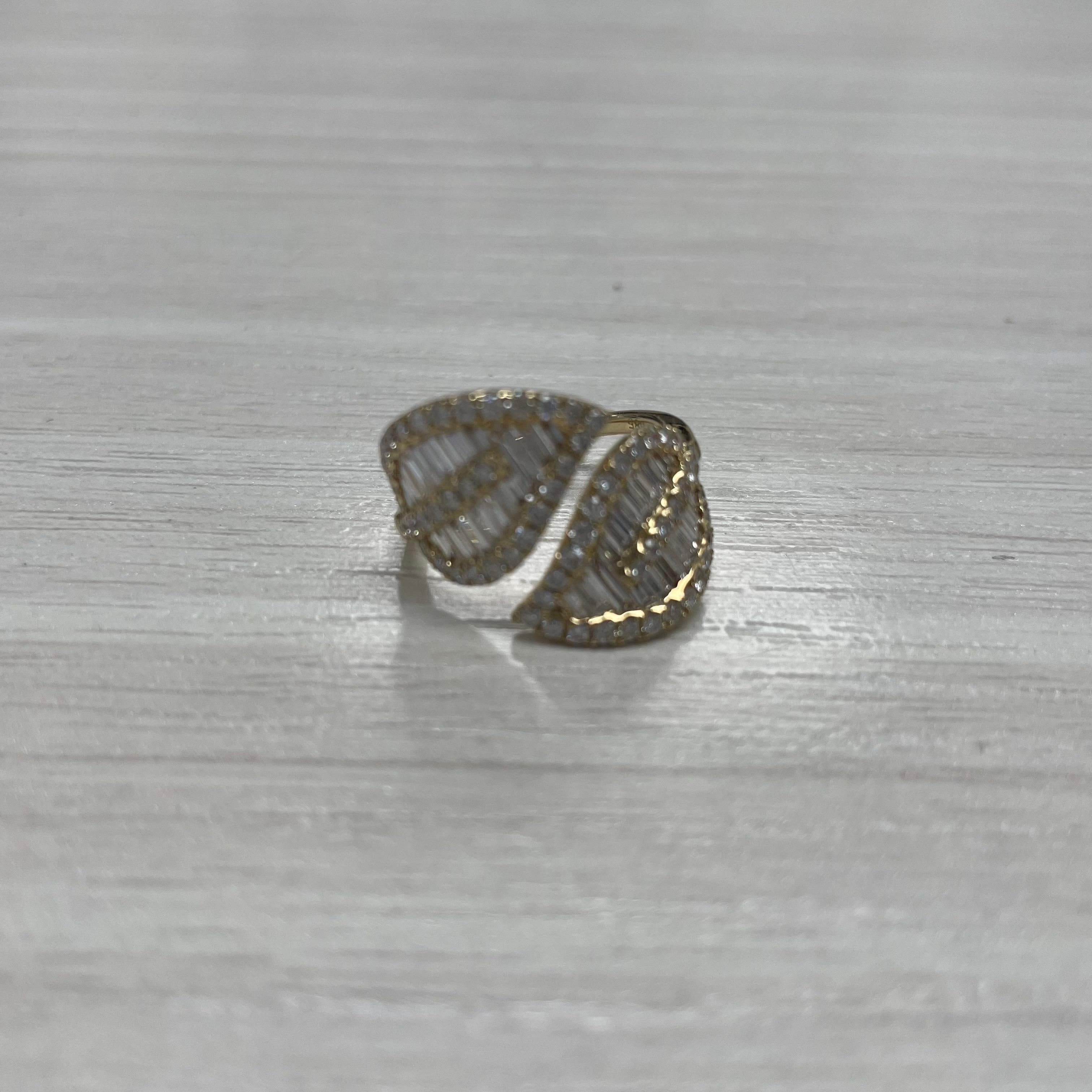 Baguette Cut 14k Yellow Gold Diamond Leaf Bypass Ring For Sale