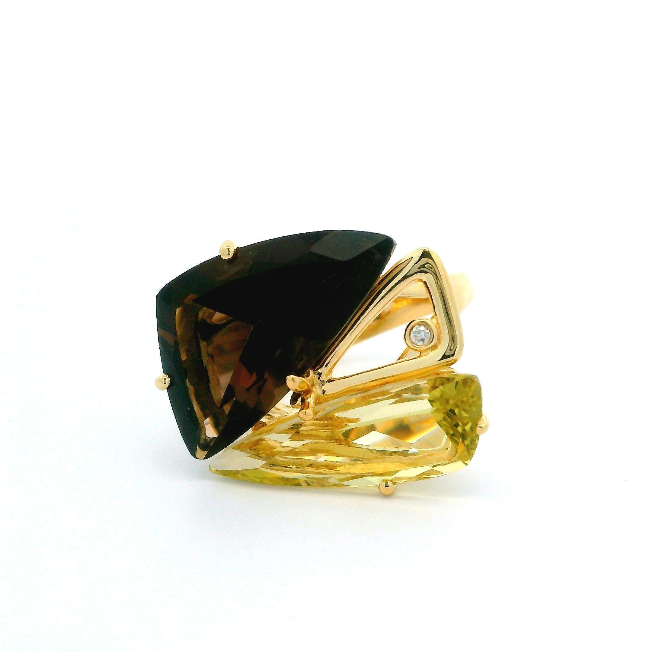 Women's 14k Yellow Gold Diamond Lemon & Smoky Quartz Modernist Handmade Cocktail Ring For Sale