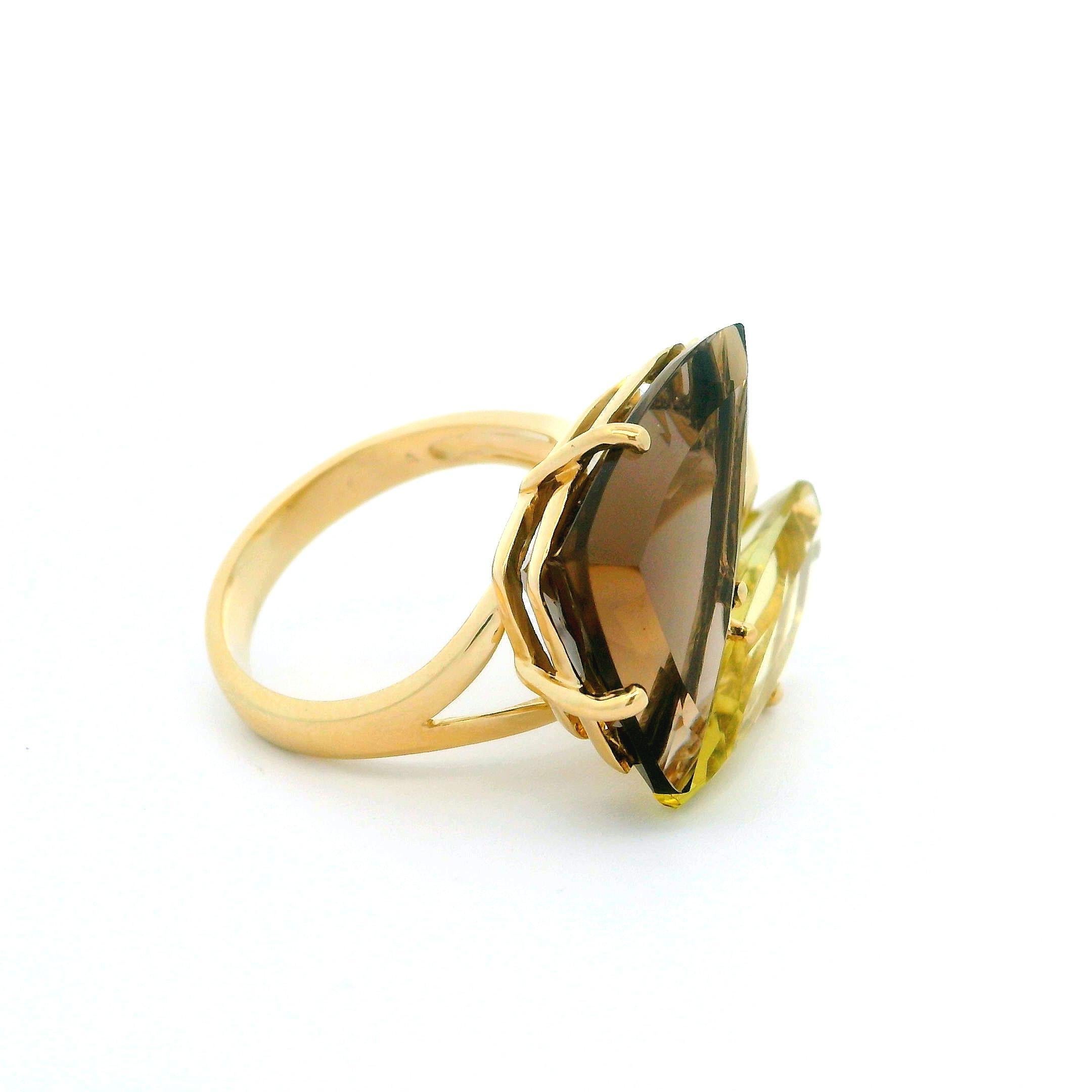 14k Yellow Gold Diamond Lemon & Smoky Quartz Modernist Handmade Cocktail Ring For Sale 1