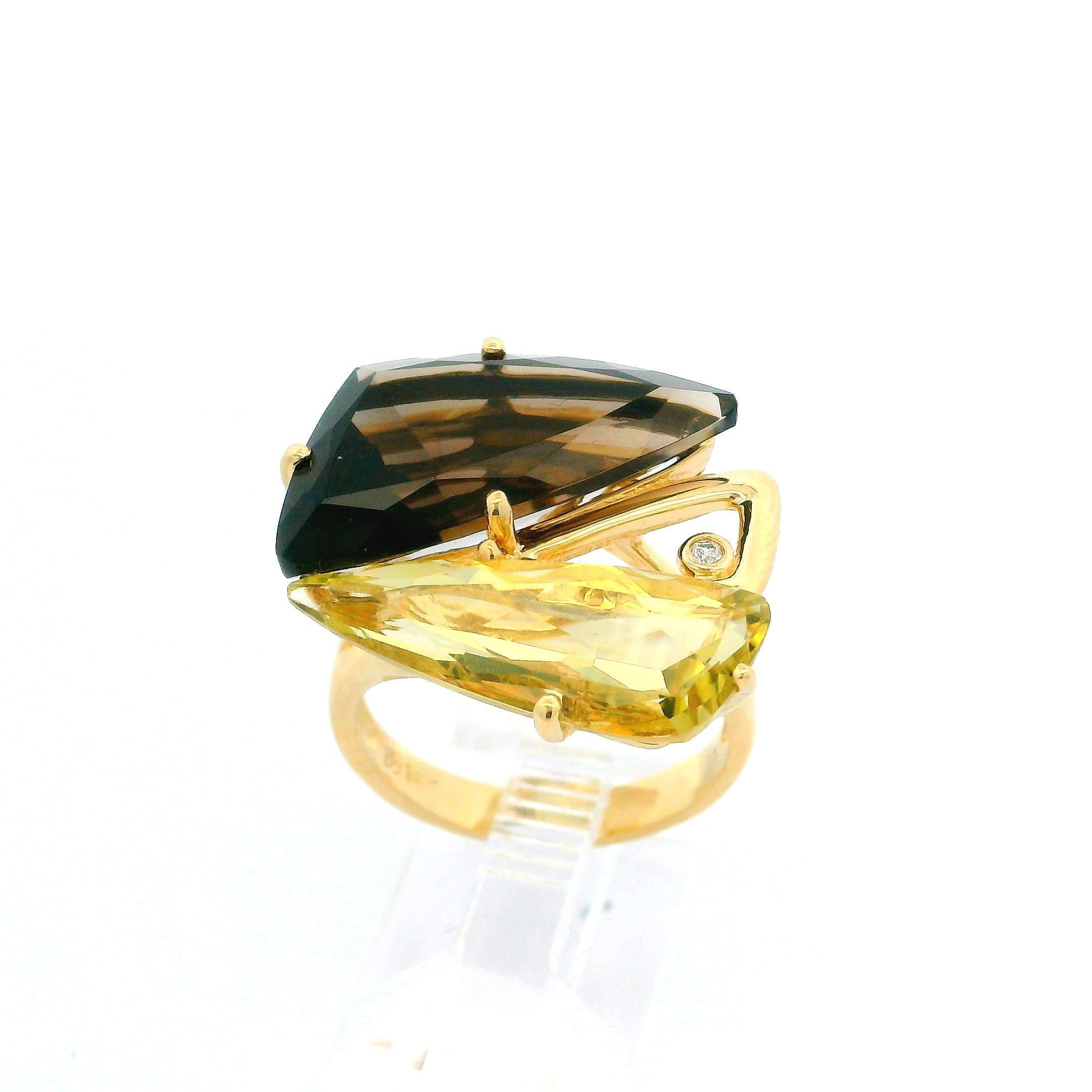 14k Yellow Gold Diamond Lemon & Smoky Quartz Modernist Handmade Cocktail Ring For Sale 2