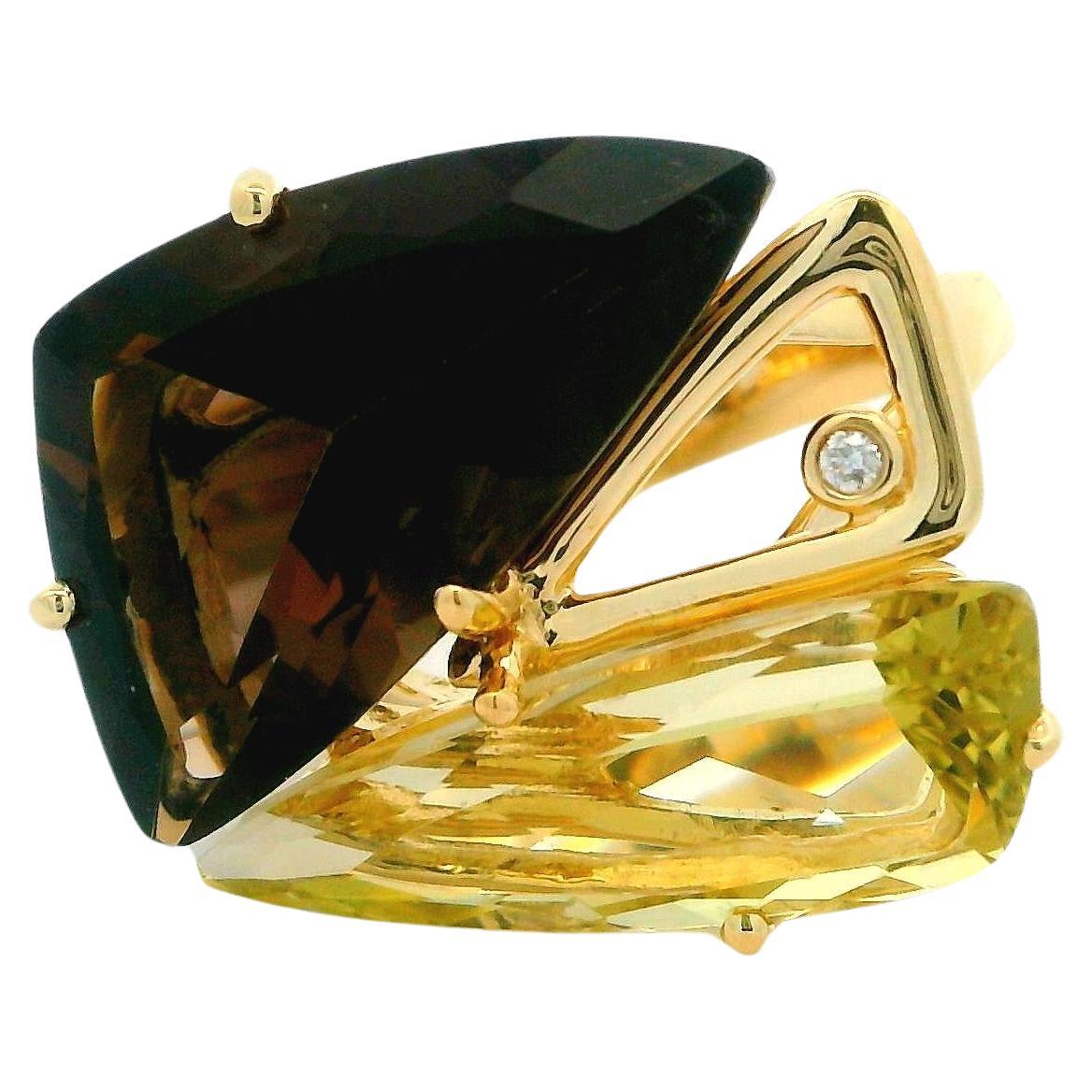 14k Yellow Gold Diamond Lemon & Smoky Quartz Modernist Handmade Cocktail Ring