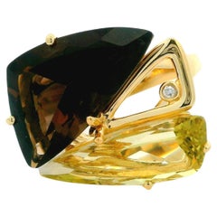 14k Yellow Gold Diamond Lemon & Smoky Quartz Modernist Handmade Cocktail Ring
