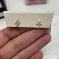 14K Yellow Gold Diamond Lightning Bolt & Star Mismatched Stud Earrings for Her