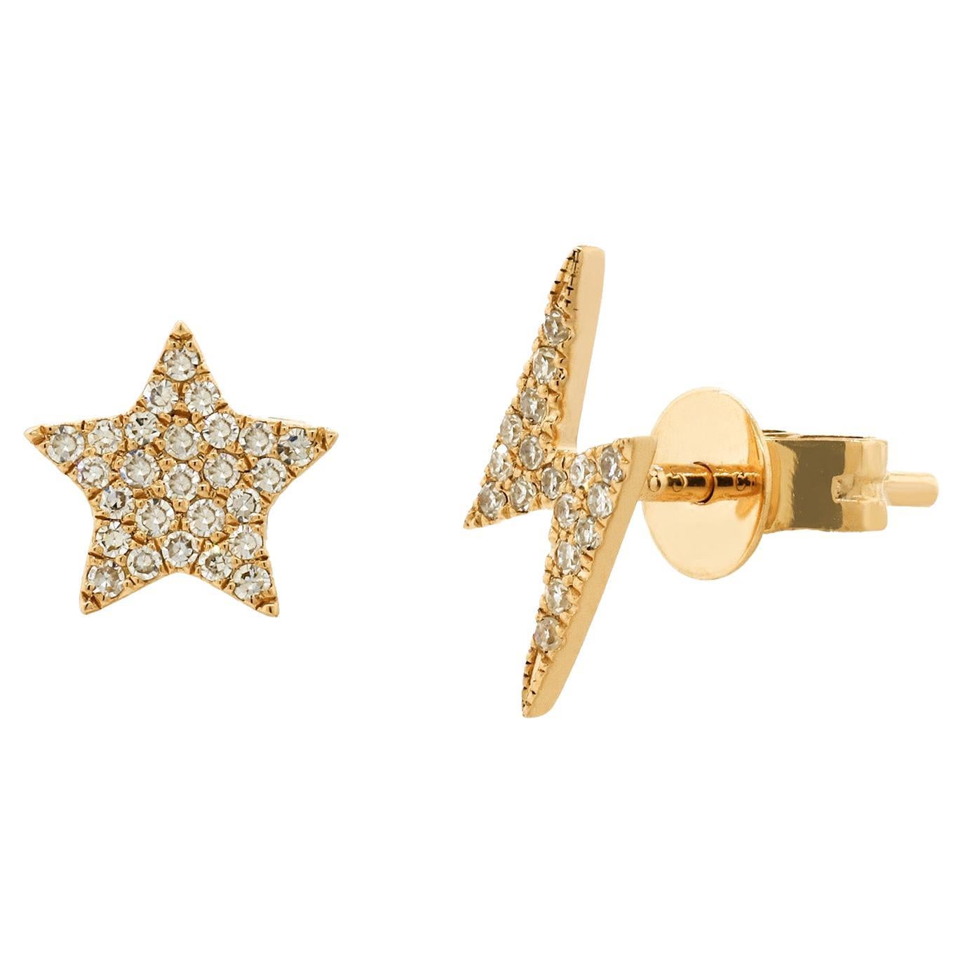 14K Yellow Gold Diamond Lightning Bolt & Star Mismatched Stud Earrings for Her For Sale