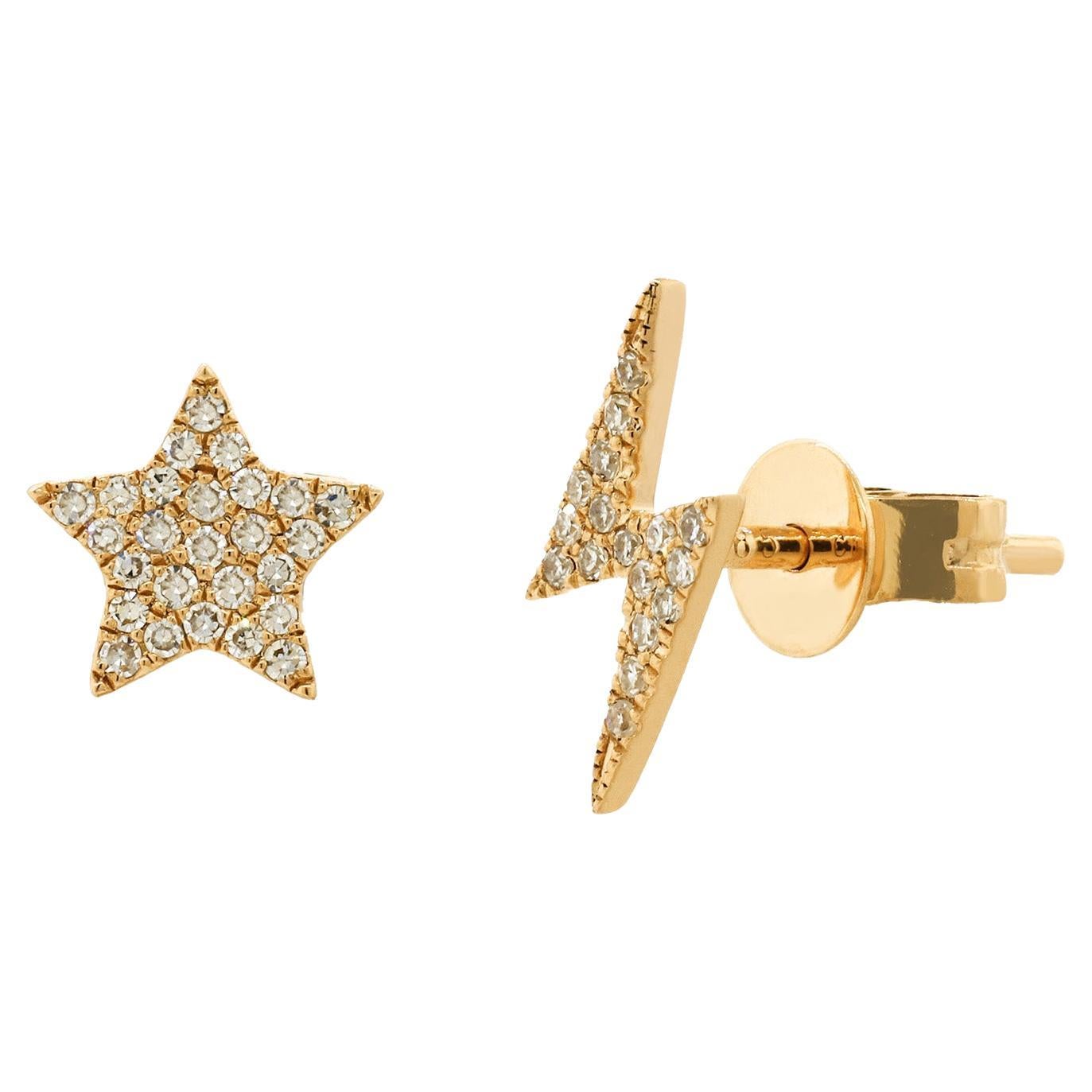 14K Yellow Gold Diamond Lightning Bolt & Star Mismatched Stud Earrings for Her