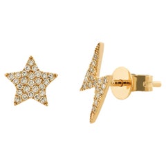 14K Yellow Gold Diamond Lightning Bolt & Star Mismatched Stud Earrings for Her