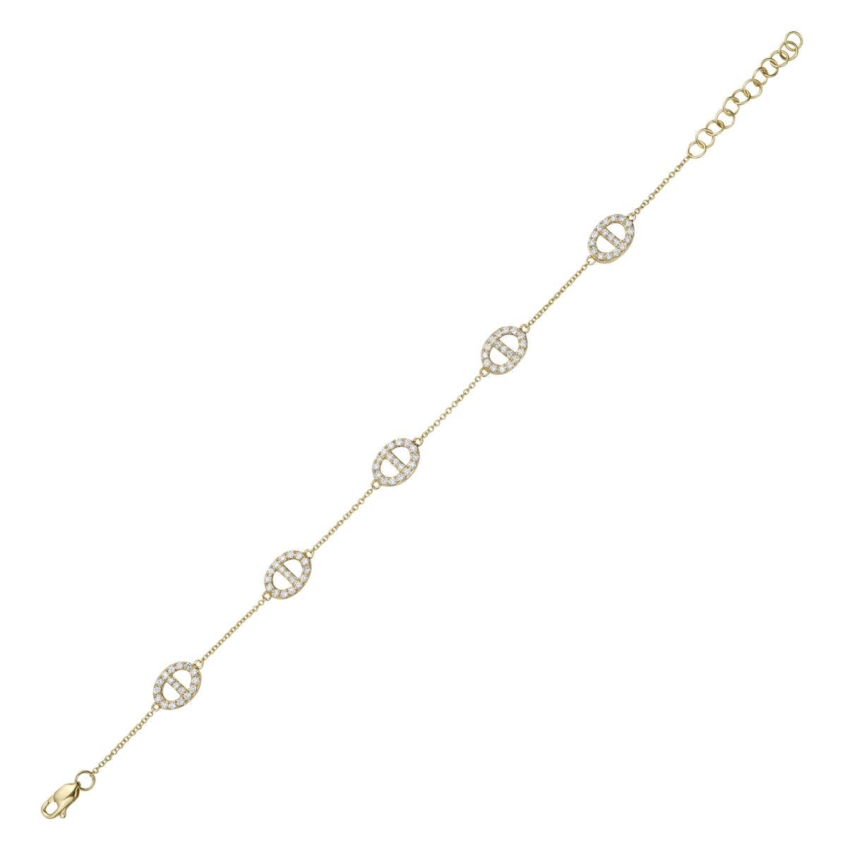 Esta pulsera de eslabones de diamantes de oro amarillo de 14 quilates es una hermosa mezcla de elegancia y estilo cotidiano. Fabricada en oro amarillo pulido, presenta un diseño clásico de cadena con brillantes eslabones de diamantes que añaden un
